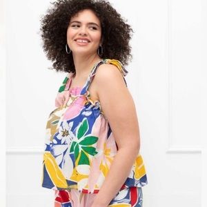 ELOQUIl Plus Size Floral Linen Top Size 22 Plus Size Tie-Shoulder Summer